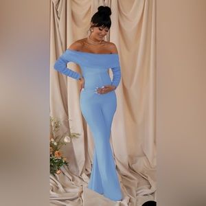 Club L London, POWDER BLUE MATERNITY RUCHED MESH BARDOT JUMPSUIT.